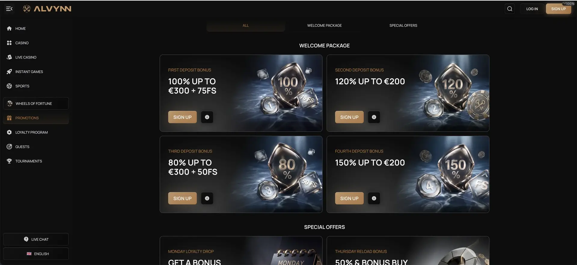 Alvynn casino bonuses page