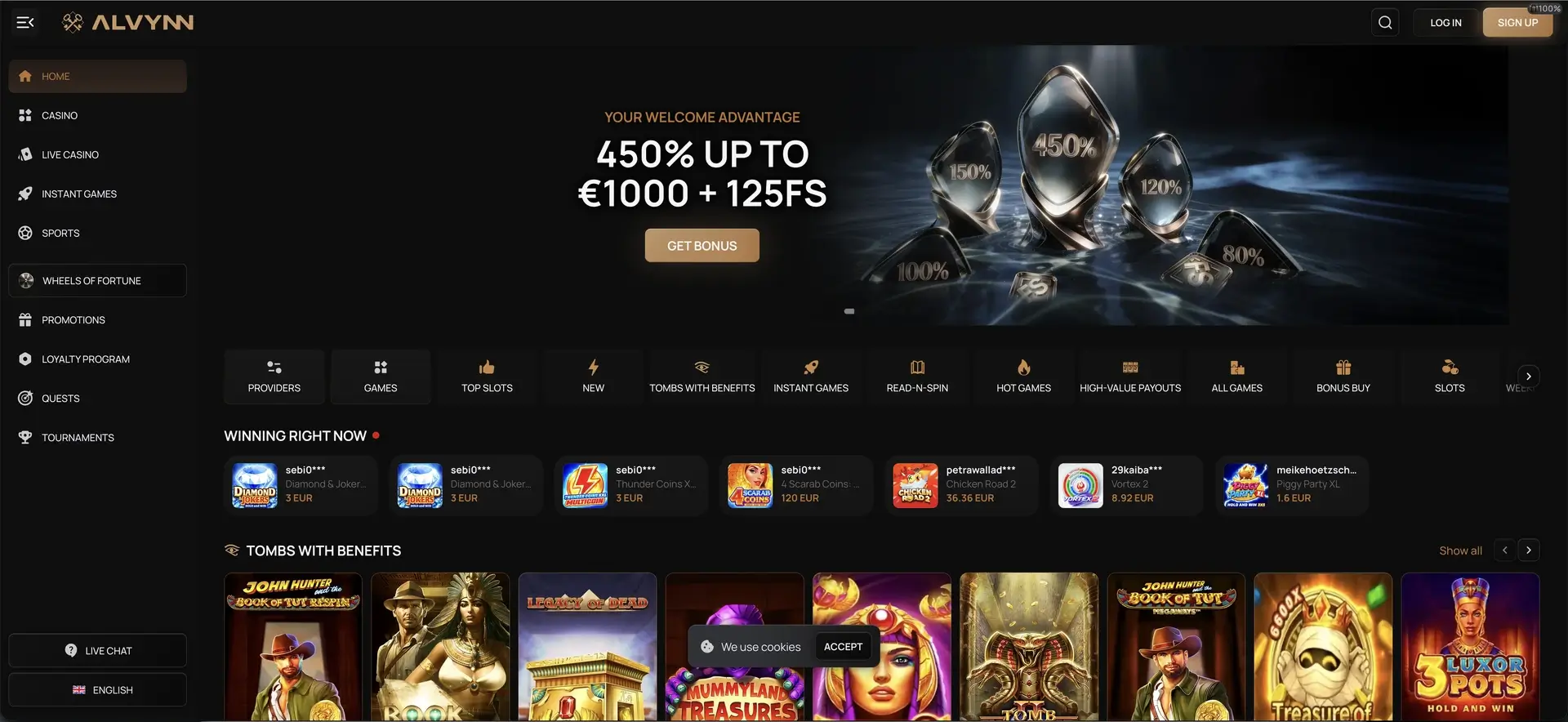 Alvynn casino home page and welcome offer